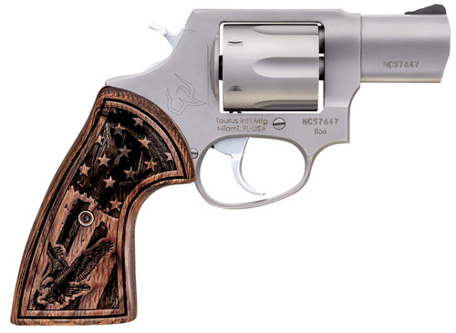 Taurus 856 38 Special +P, 2″ Barrel, Stainless Steel, Engraved USA Flag Walnut Grip, 6rd