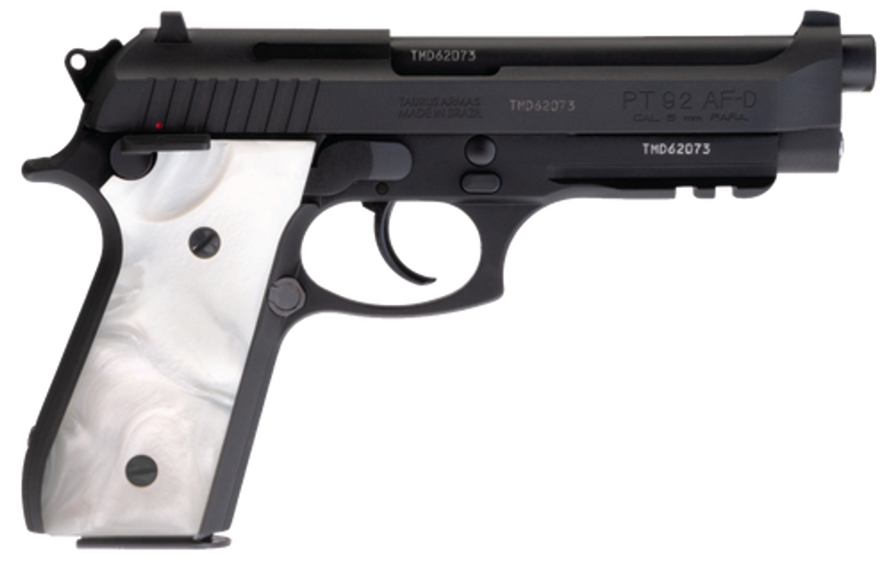 Taurus PT92 Full Size, 9mm, 5″ Barrel, Steel Frame, Black, Pearl Grips, 17rd, 2 Magazines