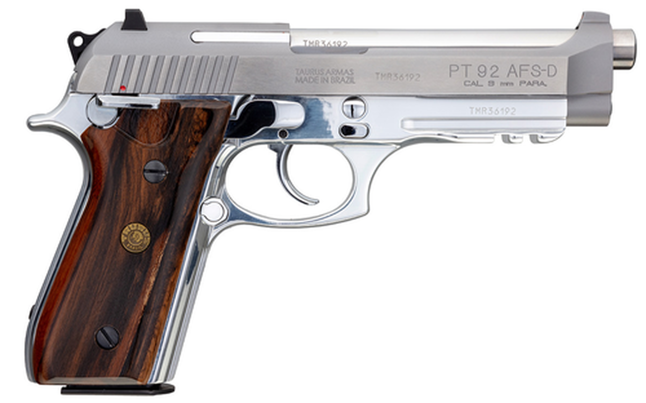 Taurus PT92 9mm, 5″ Barrel, Stainless, Brazilian Walnut Grips, Adj Rear Sight, 2x17rd