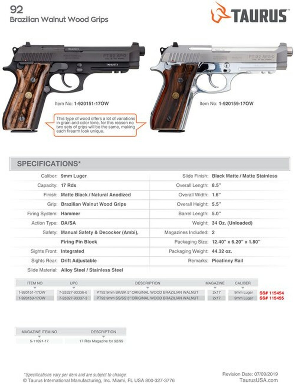 Taurus PT92 9mm, 5″ Barrel, Stainless, Brazilian Walnut Grips, Adj Rear Sight, 2x17rd