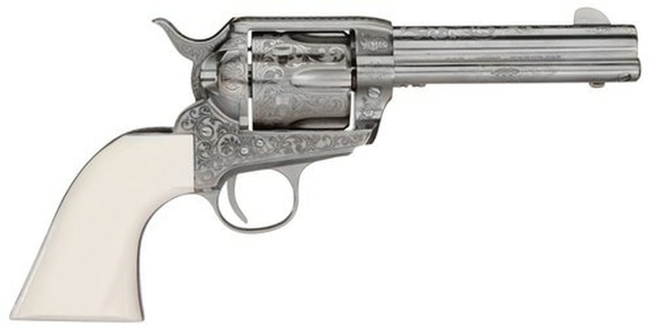 Taylors 1873 Outlaw Legacy Nickel Engraved 45 LC, 4.75″ Barrel, Ivory Type Grips