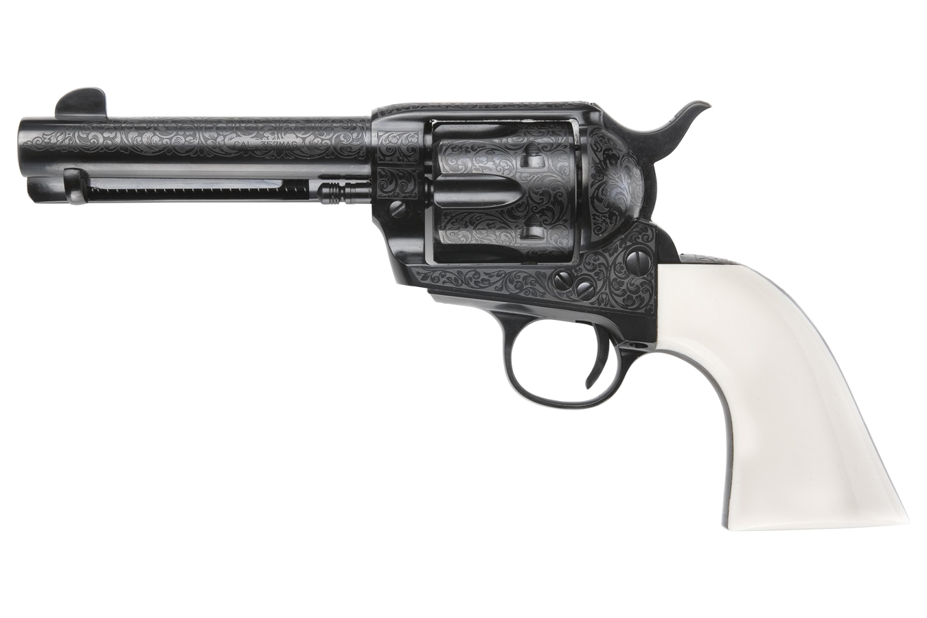 The Shootist 45 Colt Single-Action Revolver with Enhanced Engraved Ivory Grips