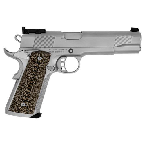 Tisas 1911 Match 45 ACP, 5″ Barrel, Stainless Steel, Tan/Black G10 Grips, 8rd