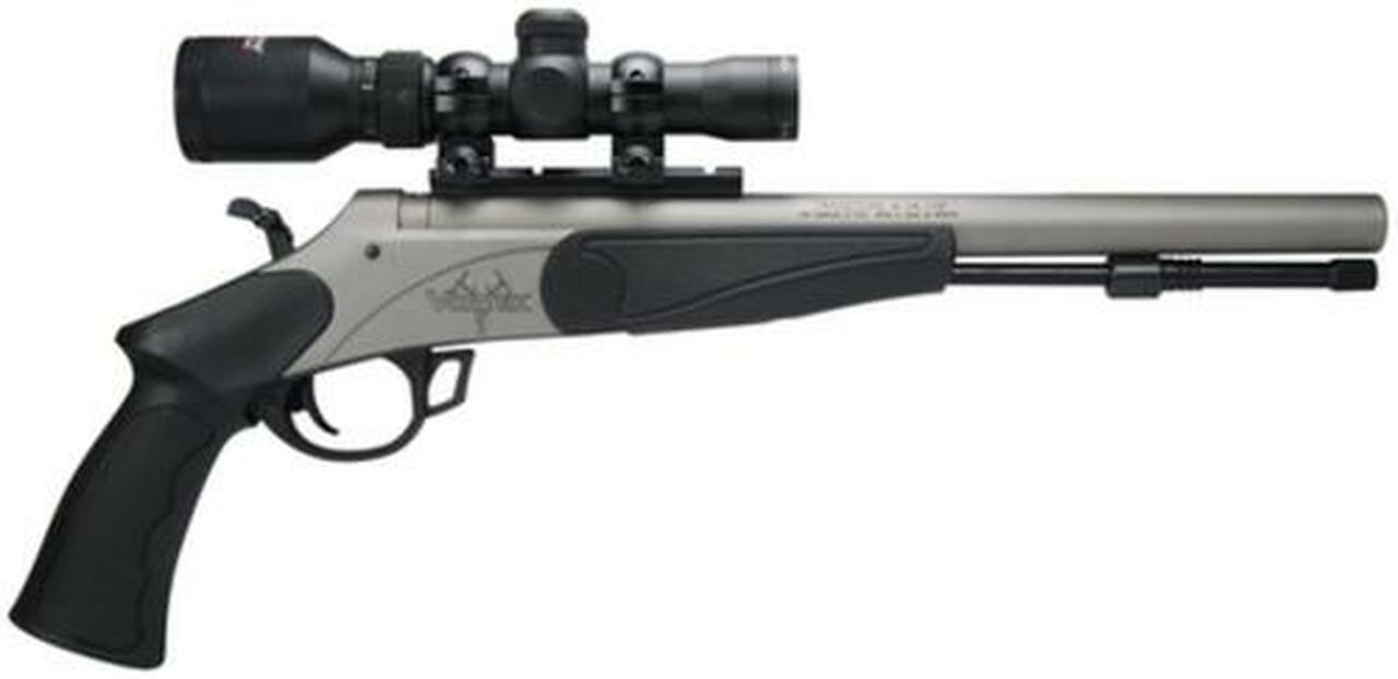 Traditions Black Powder Vortek Black Powder Pistol .50 Caliber 13″ Tapered Barrel CeraKote Finish 1-4×24 Mounted Scope Steel Sights Black Composite Stock