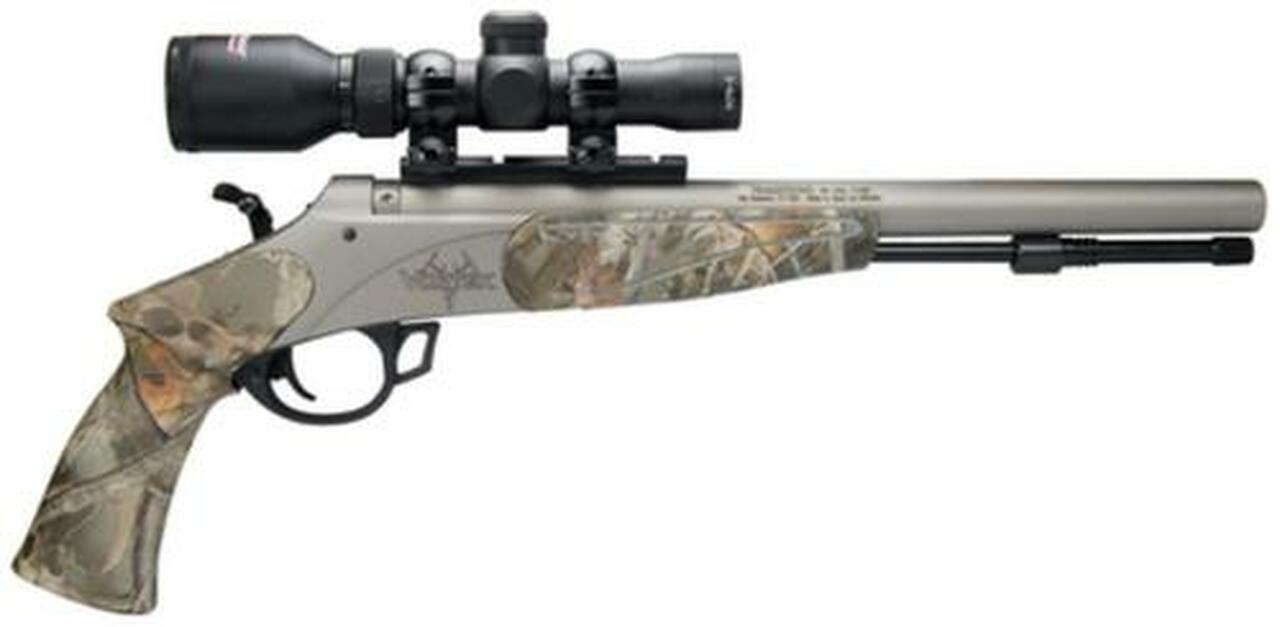 Traditions Black Powder Vortek Black Powder Pistol .50 Caliber 13″ Tapered Barrel CeraKote Finish 1-4×24 Mounted Scope Steel SightsReaper Buck Camo Composite Stock