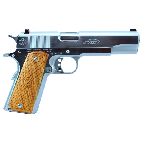 Tristar Government 1911 38 Super, 5″ Barrel, Silver, Wood Grip, 8rd