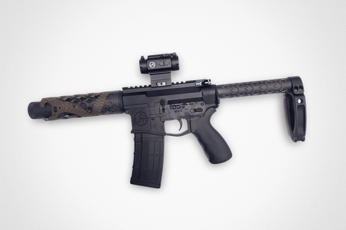 Unique-ARs Timber Rattler Pistol 5.56 NATO, 7.5″ Barrel, Chocolate Brown Edges/Black, Tailhook Mod 1, 30rd