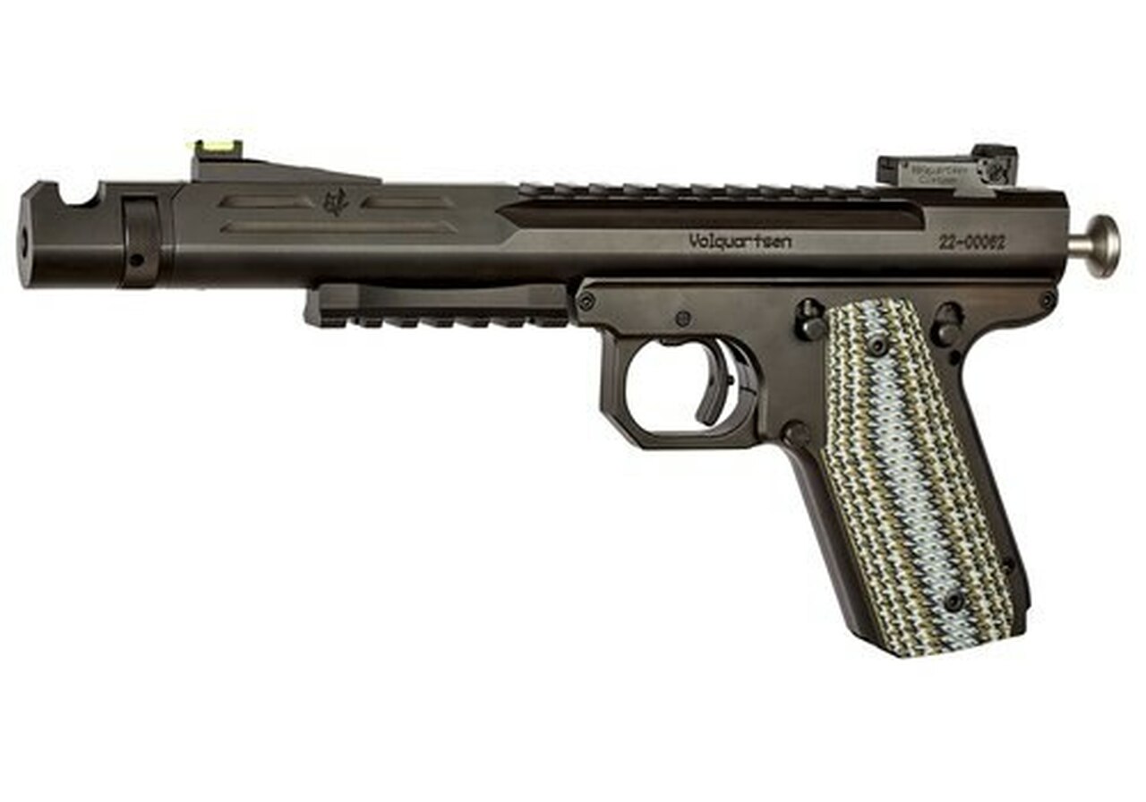 Volquarsen Scorpion .22 WMR, 6″ Barrel, Hi-Viz Front/Tritium Rear, Predator Green VZ Grips, Black, 9rd