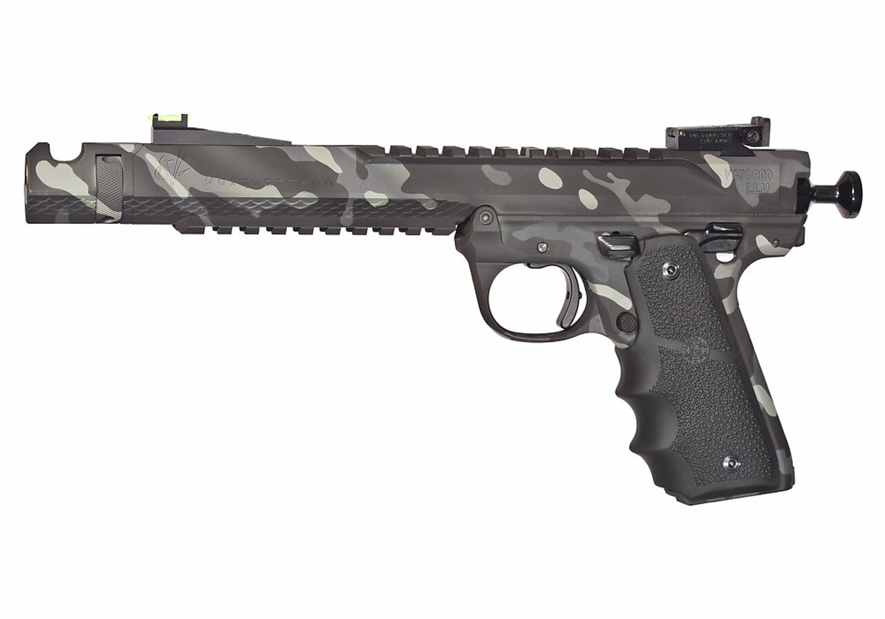 Volquartsen Black Mamba .22 LR, 6″ Barrel, Hi-Viz Front & Target Rear, Black Arctic Camo
