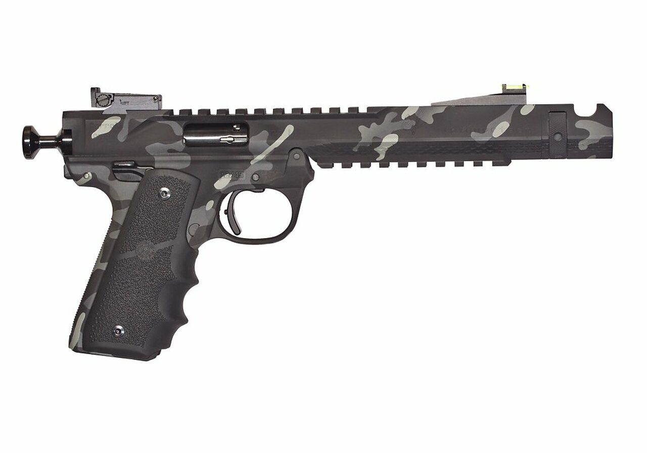Volquartsen Black Mamba .22 LR, 6″ Barrel, Hi-Viz Front & Target Rear, Black Arctic Camo