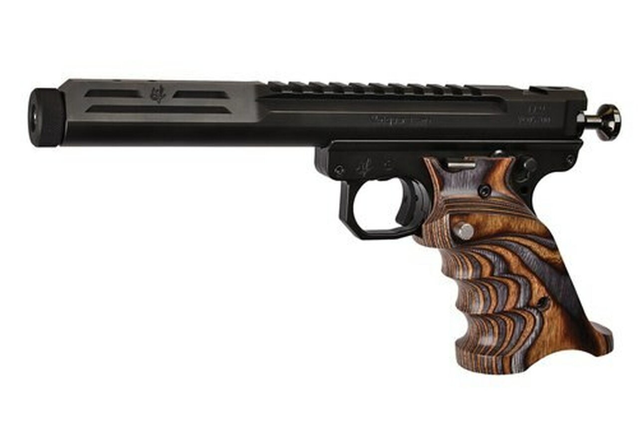 Volquartsen Scorpion .22 LR, 6″ Barrel, Target 22 Frame, Brown/Gray Grips, Black Stainless