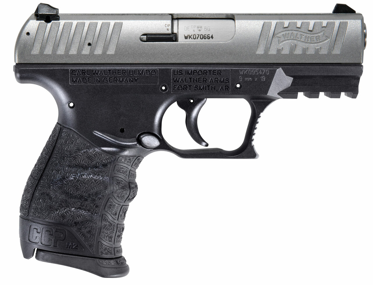 Walther CCP M2 9mm, 3.54″ Barrel, 3-Dot Sights, Stainless/Black, 8rd
