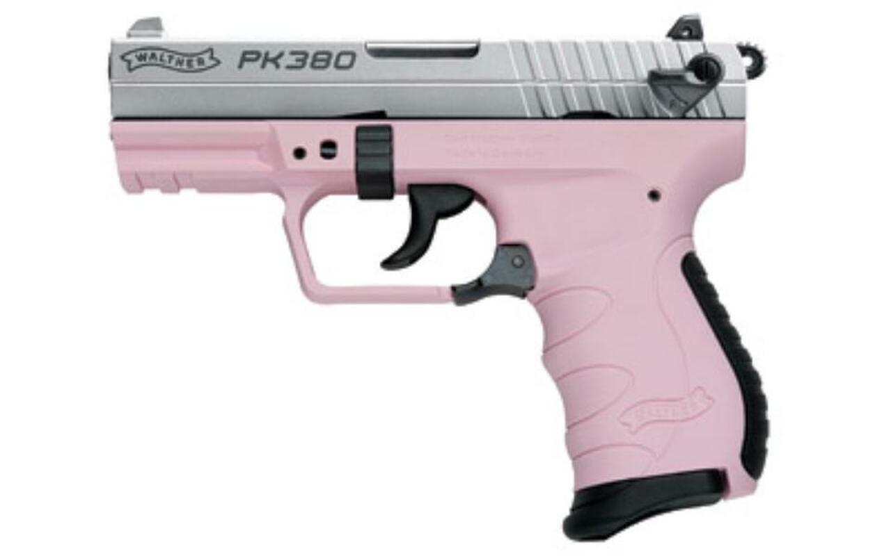 Walther, PK380 Double Action, Compact, 380ACP, 3.6″ Barrel Nickel Slide Pink Grip, 8Rd Mag