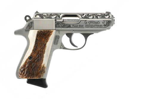 Walther PPK/S Lipsey’s Edition 380 ACP, 3.3″ Barrel, Engraved Stainless Steel, American Elk Stag Grip, 7rd