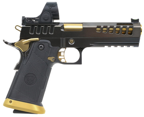 Watchtower Demlitia 9mm, 5″ Barrel, Black, Gold Accents, Trijicon SRO Sight, 20rd