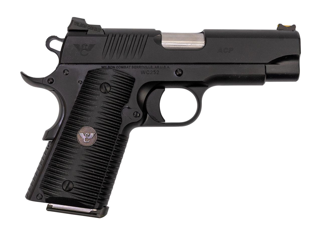 Wilson Combat ACP Compact 1911 SAO Used Excellent 45 ACP, 4″ Barrel, Black Armor-Tuff Carbon Steel, Black G10 Eagle Claw Grip, 2x7rd Mags, Factory Soft Case, Papers