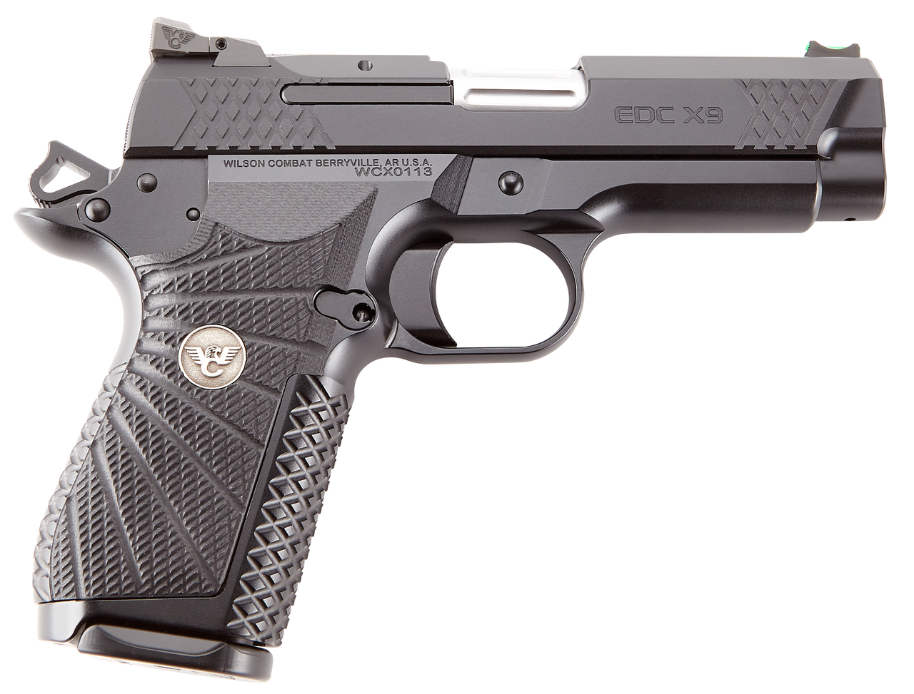 Wilson Combat, EDCX9, Semi-automatic, Compact, 9mm, 4″ Barrel, Black Armor Tuff Finish, Green Fiber Optic Sights, Manual Safety, Non-Lightrail, 15Rd