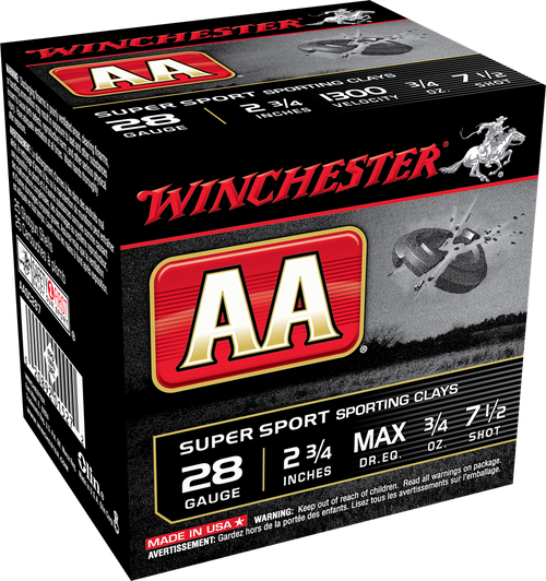 Winchester AA Sporting Clay 28 Ga, 2.75″, 3/4 oz, 7.5 Shot, 100rd Box