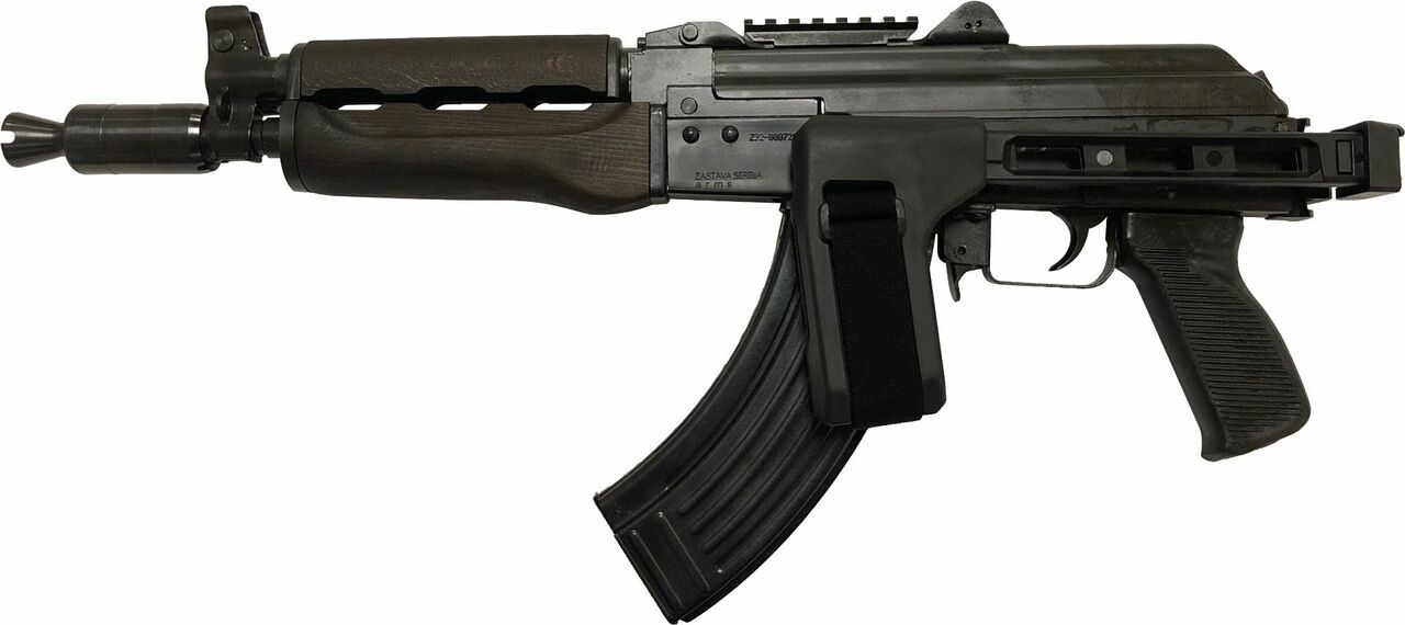 Zastava ZPAP92 AK-47 Pistol 7.62x39mm 10″ Barrel, Booster, Dark Wood, Top Rail, SB Tactical FS1913 Folding Brace, 30rd Mag