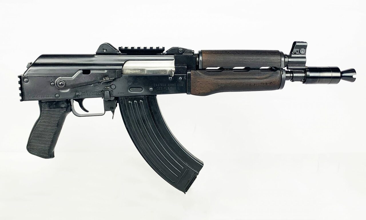 Zastava ZPAP92 With Booster AK-47 Pistol 7.62 x 39 10″ Barrel Dark Wood, Top Rail, Rear Rail 30rd Mag