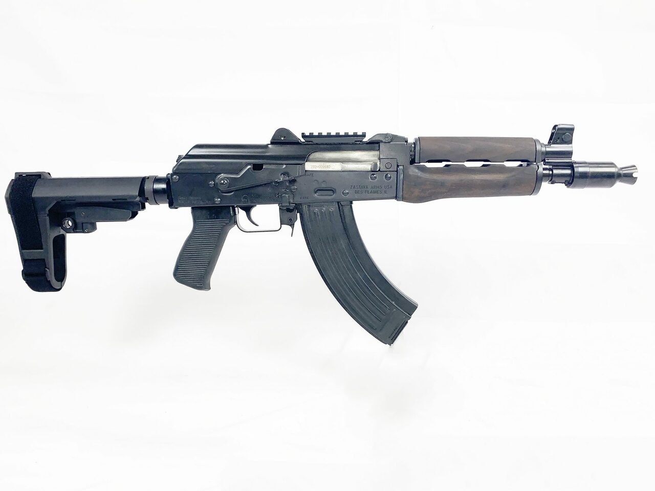 Zastava ZPAP92 With Booster AK-47 Pistol 7.62 x 39 10″ Barrel Dark Wood, Top Rail, SB3 Brace, 30rd Mag