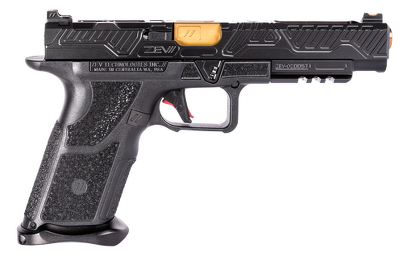 Zev Technologies O.Z-9 Competition 9mm, Single, 5.75″ Barrel, Black Grip, Black DLC Slide, 17rd