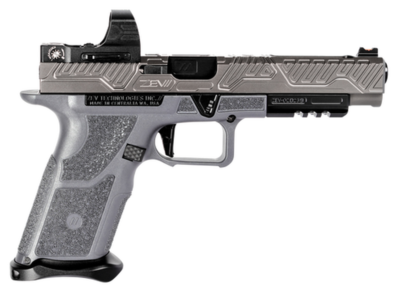 Zev Technologies O.Z-9 Competition 9mm, Single, 5″ Barrel, Gray Polymer Grip, Titanium Gray Stainless Steel Slide, 17rd